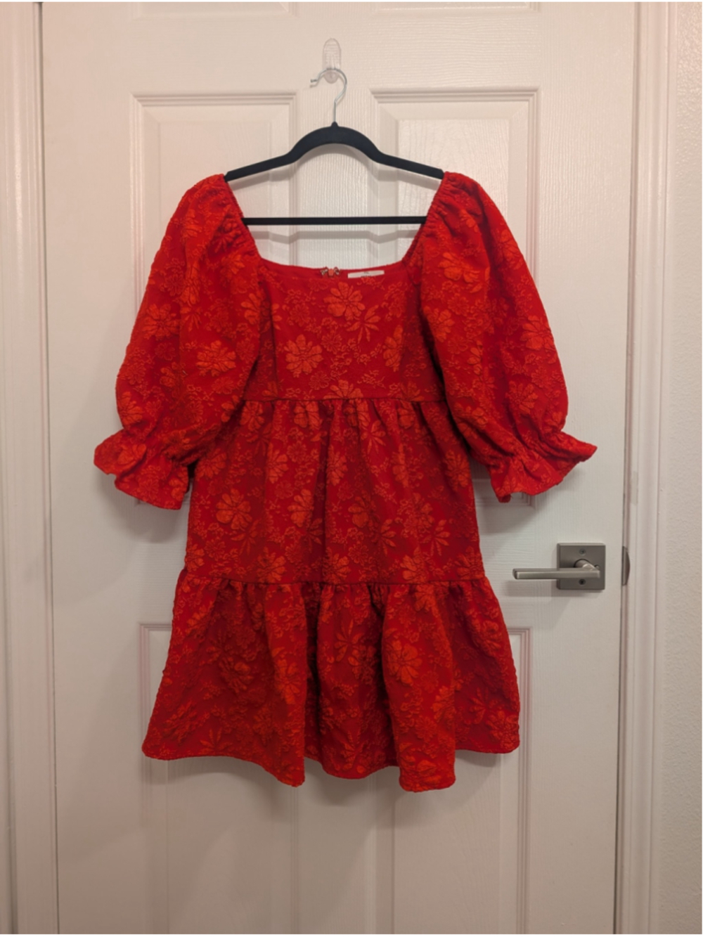 Anthropologie Entro Red Mini Dress Puff Sleeves Babydoll Floral Jacquard Holiday